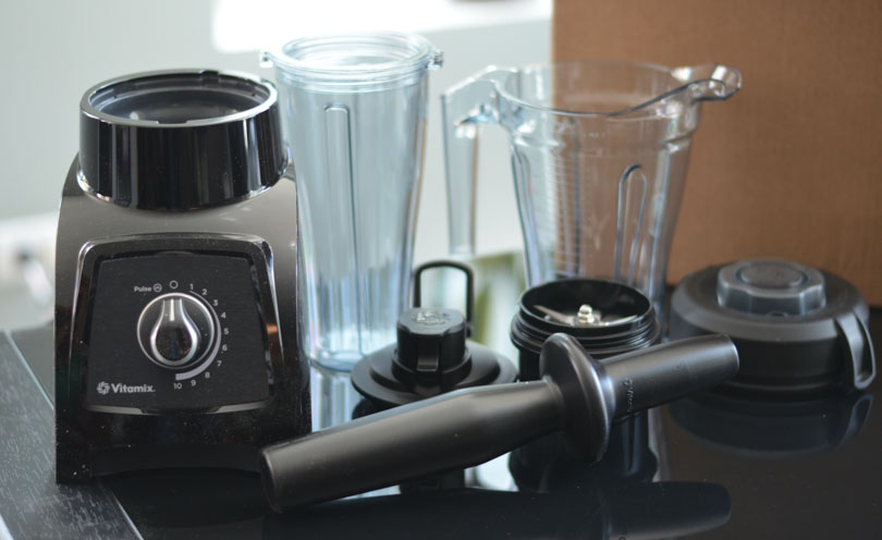 Vitamix S30 box contents together: Motor, container, to go cup, tamper, and two lids.