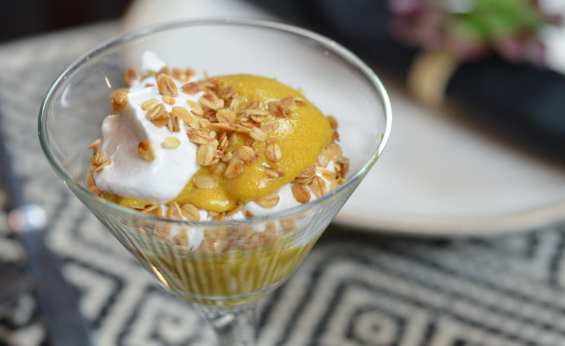 Pumpkin parfait served in martini glass.