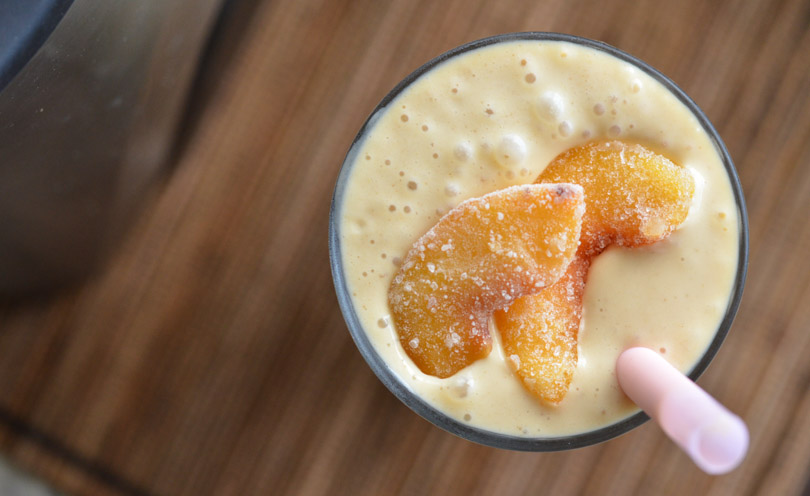 Peach pose smoothie with Vitamix A3500 in background.