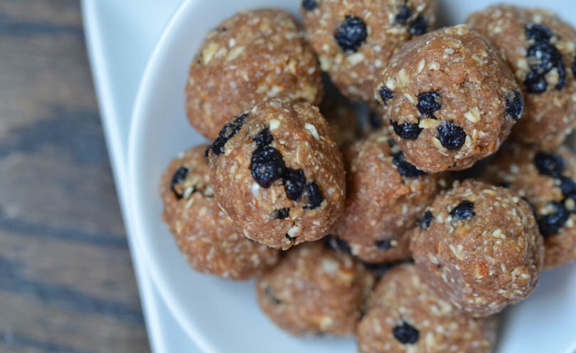 A plateful of blueberry breakfast bites made in our Vitamix.