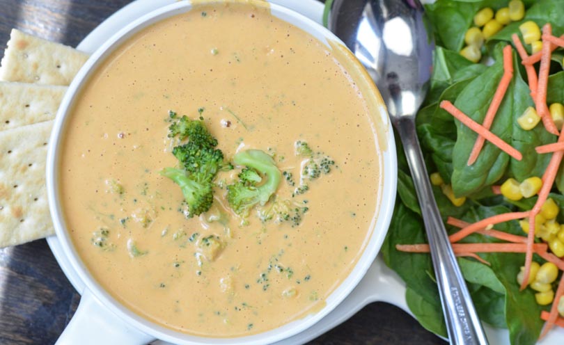 Vegan broccoli cheese soup made in our Vitamix.