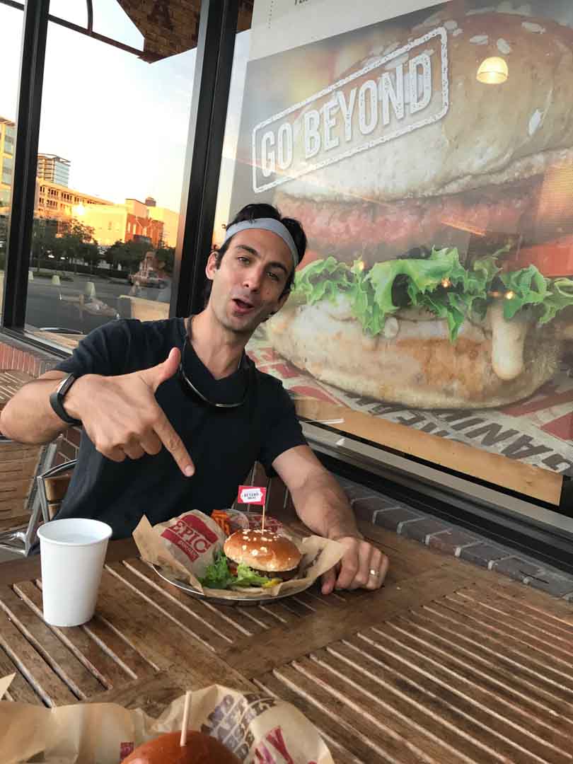 Lenny about to eat his first Beyond Burger.