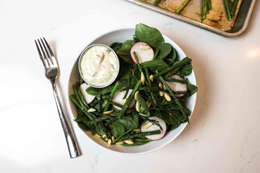 Roasted Asparagus Spinach Salad with Radish & Tarragon-Dijon Dressing