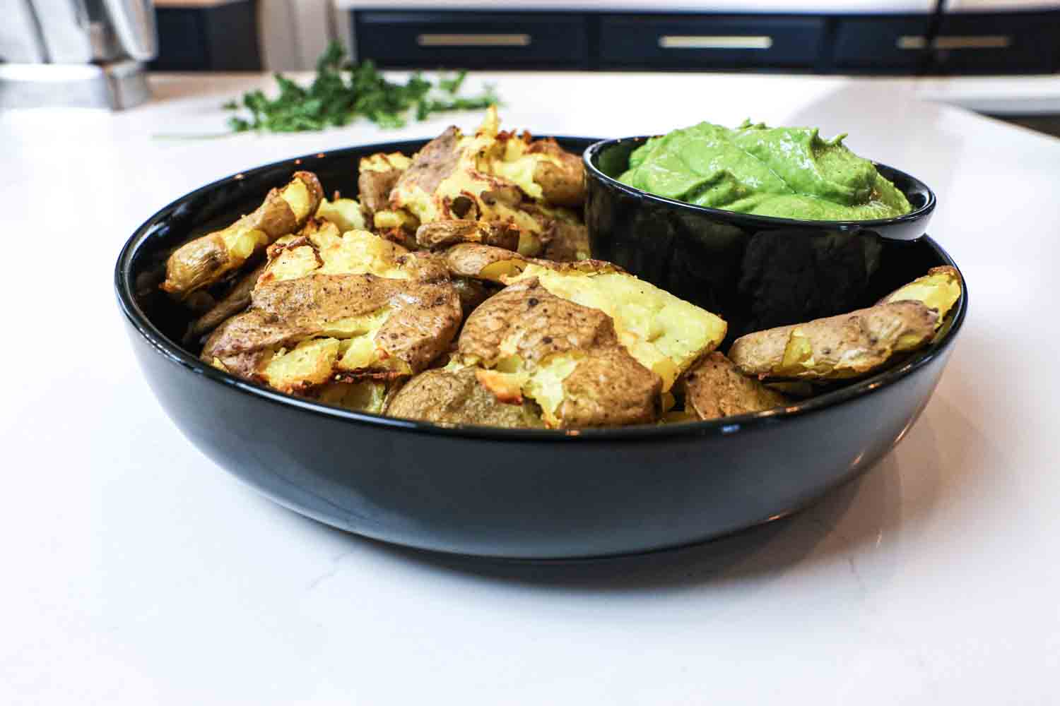 Crispy Smashed Potatoes with Green Goddess Dressing