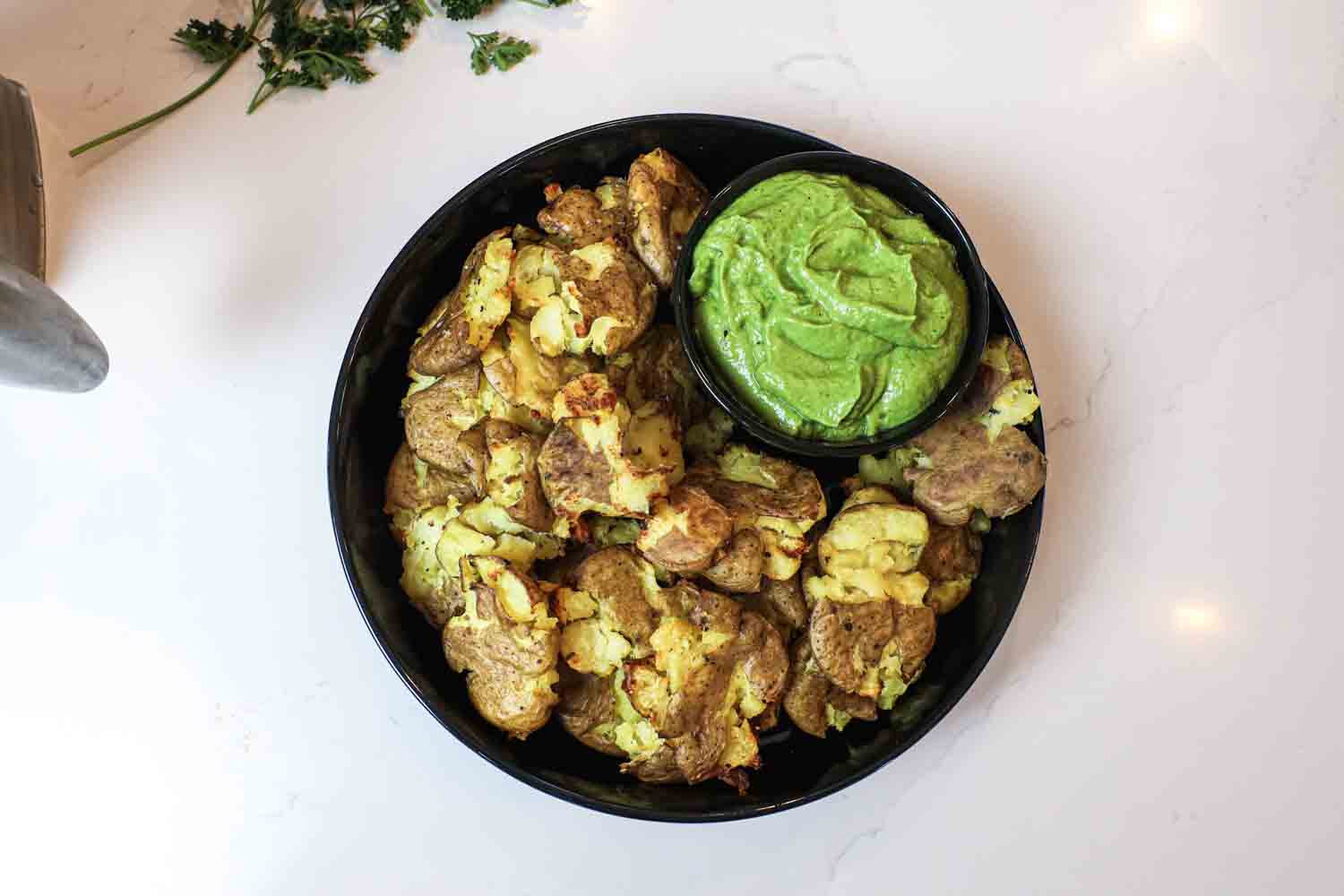 Crispy Smashed Potatoes with Green Goddess Dressing