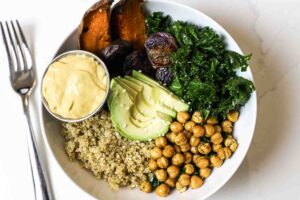 Roasted Sweet Potato & Crispy Chickpea Bowl with Cashew-Ginger Dressing