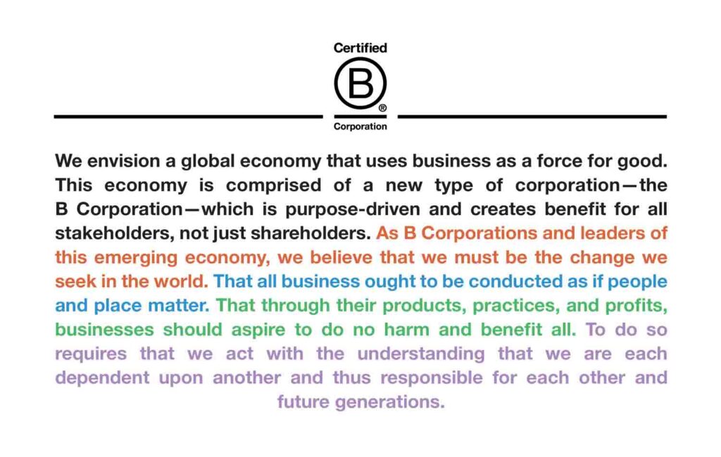 B Corp™ declaration of interdependence signed by Blending For Good