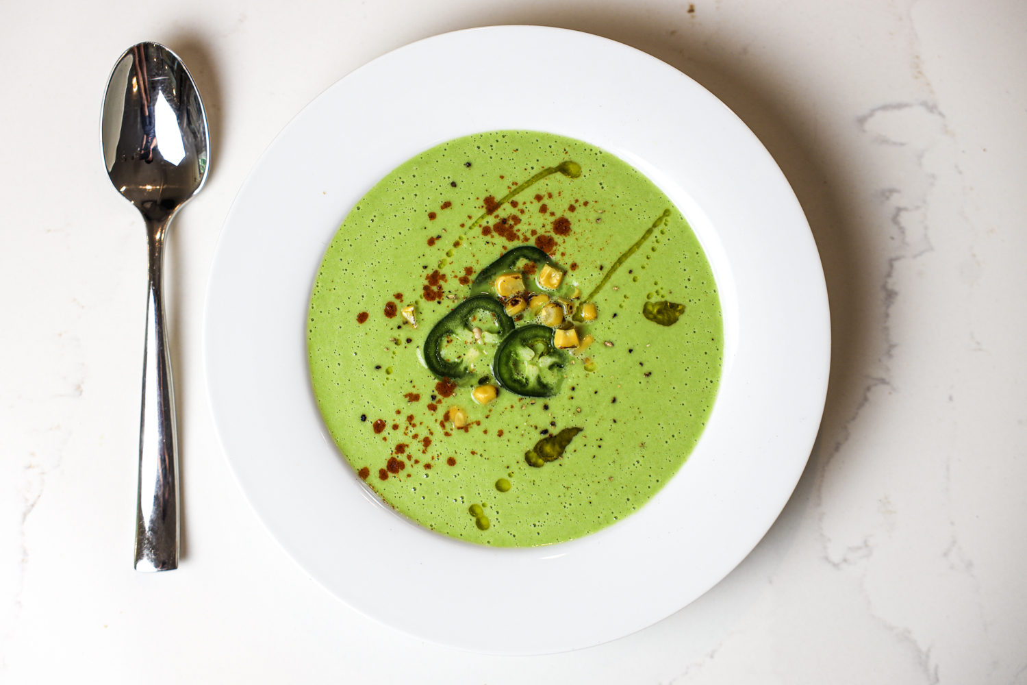Chilled Sweet Corn Soup with Spinach and Jalapeño